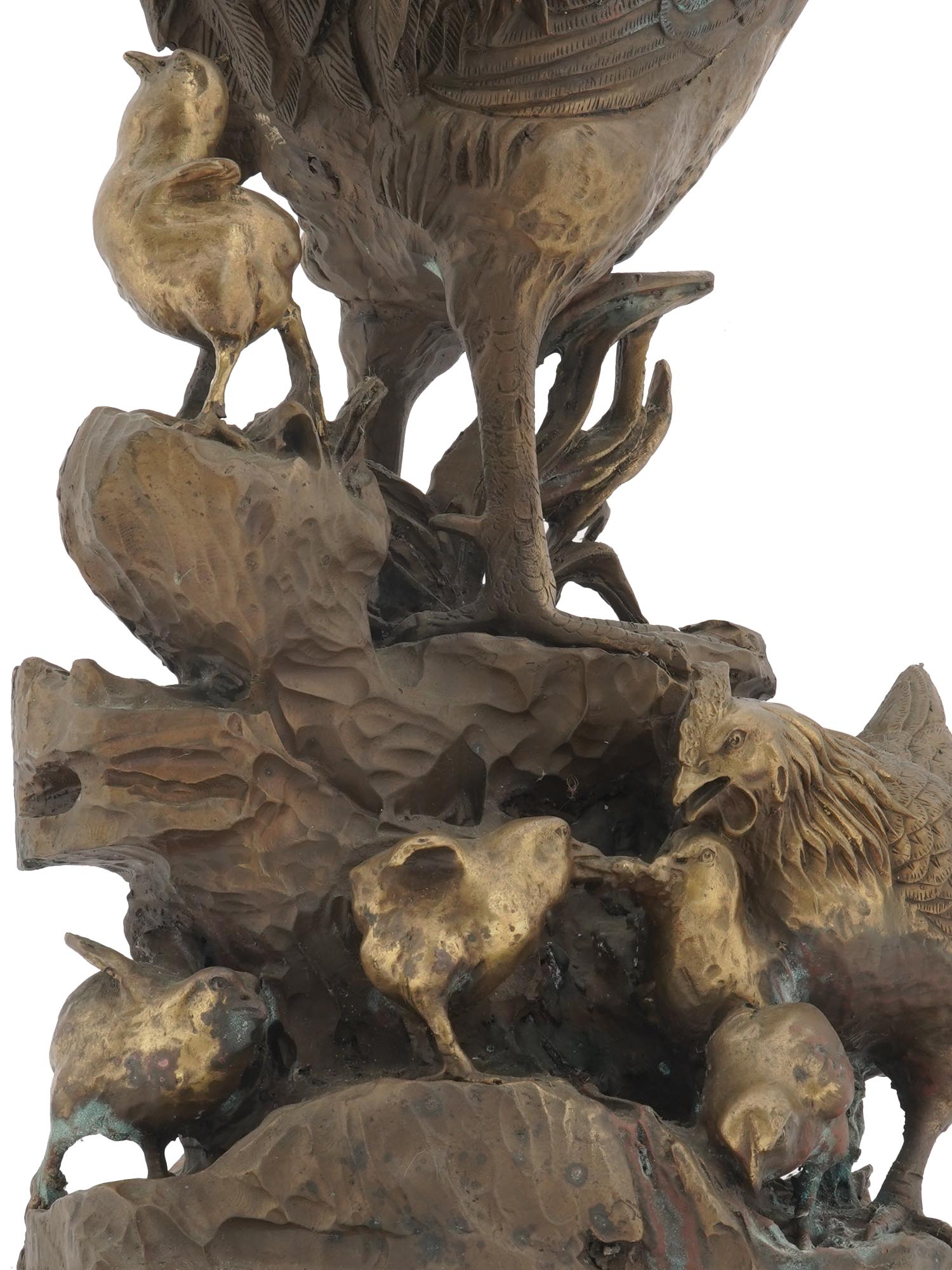 PATINATED BRASS SCULPTURE OF ROOSTER AND CHICKENS PIC-9